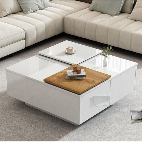 Quadratischer Couchtisch 75 x 75 x 33,5 cm, weiß hochglänzend, 4 Schubladen, HAVRYA (1/5)