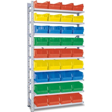 BRB Anbauregal zu Steckregal verzinkt HxBxT 2x1035x315 mm, 9 Böden, bestückt mit 36 Sichtkästen LB 3/LxBxH 350x200x150 mm (Bunt)