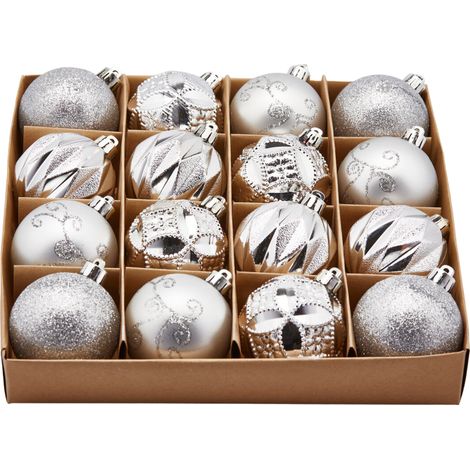 Palline per albero di Natale, colore Argento, con decorazioni miste, in PVC -4 palline da Ø 10 cm (1/3)