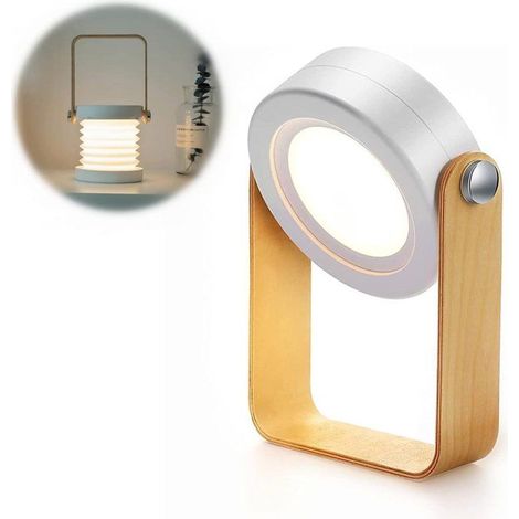 Lampe de bureau portable, pliable et rétractable, veilleuse LED avec poignée en bois, 3 niveaux de luminosité, luminosité réglable (1/5)