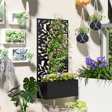 Treillis métallique pour plantes grimpantes, 61x23x113 cm, noir, fixation au mur ou au sol, jardinière en acier.