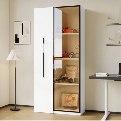 Vitrine MDF Weiß 70 x 40 x 160 cm, seitlich ausziehbares Bücherregal, 1 Glastür aus gehärtetem Glas mit LED (1/5)