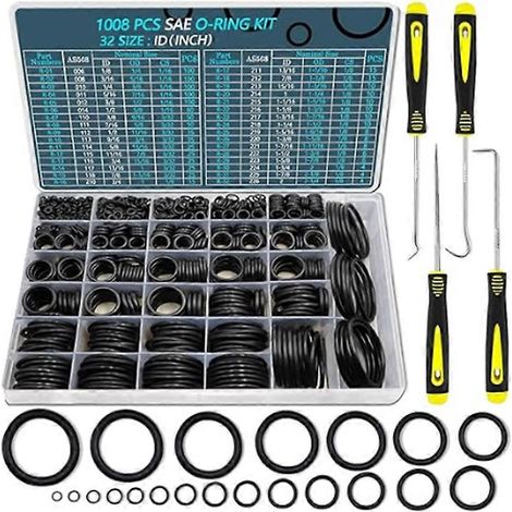 Kit de 1008 joints toriques SAE, 32 tailles de joints en caoutchouc nitrile 70A (en pouces), avec 4 outils d'extraction de joints toriques. (1/5)