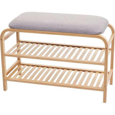[NEUWERTIG] Schuhregal HHG-380, Sitzbank Polsterbank Schuhablage Schuhschrank, Ablagefach Bambus 50x70x30cm