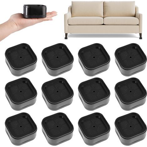 Lot de 12 rehausseurs de pieds de meuble empilables noirs, hauteur 3,5 cm, supports réglables pour lit, canapé, table et machine à laver (1/5)