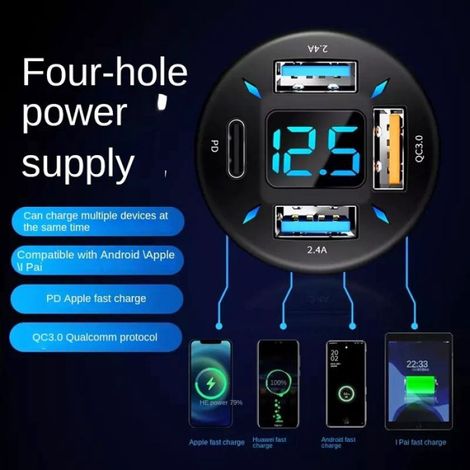 Chargeur Automobile USB - 4 Ports - Affichage Numérique Tension - 66 W - Compatible Téléphones et Tablettes - 2 Pièces (1/5)