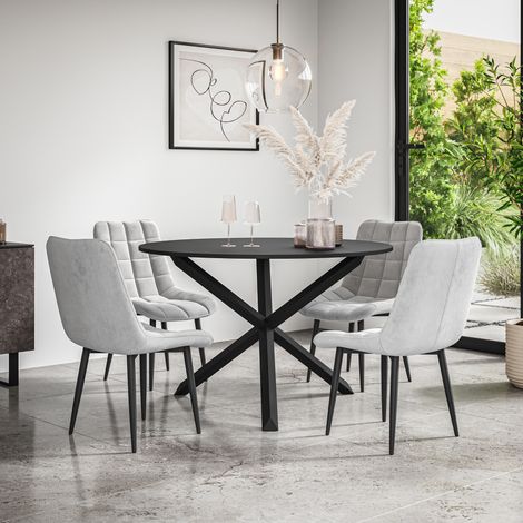 Malvern Round Dining Table And Chairs - Black Table Top w Solid Black Oak Legs + Nova Velvet Dining Chair Set Of 4 (Grey) (1/5)