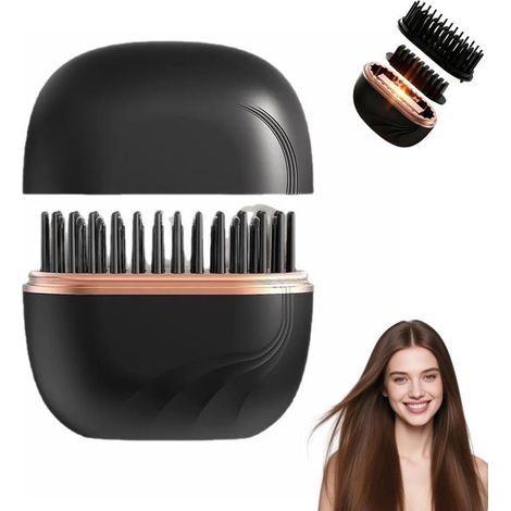 Peigne de coiffage sans fil - Mini lisseur - Lisseur sans fil - Mini brosse de coiffage - Fer à lisser et à boucler 2 en 1 - Lisseur de voyage - Revêtement en titane - Noir (1/5)