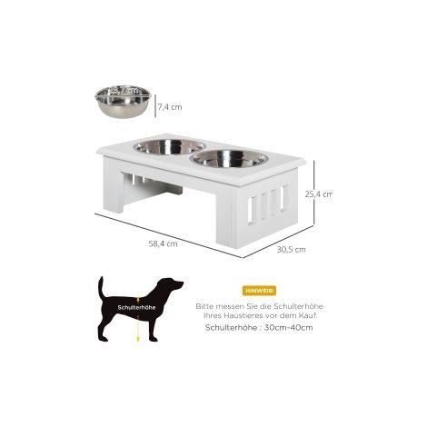 Mangeoire blanche surélevée pour chien en MDF avec 2 bols inox et pieds antidérapants pour maison et terrasse (1/5)