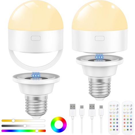 2 Ampoules Rechargeables E27 Télécommande 3 Couleurs Dimmable USB Minuterie LED Sans Fil Déco (1/5)