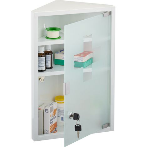 Relaxdays Medicine Cabinet, 3 Shelves, 45x30x17.5 cm, Lockable, Corner First Aid Cupboard, Steel, Glass Door, White