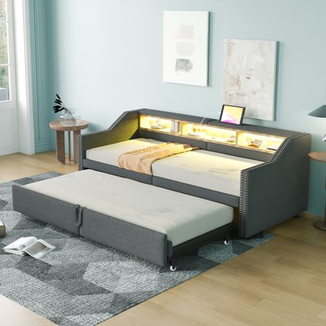 DESVIAE Canapé lit rembourré extensible 90 180 x 200 cm avec rangement latéral LED USB sommier à lattes deux matelas à ressorts ensachés 12 cm Dark Grey (1/5)