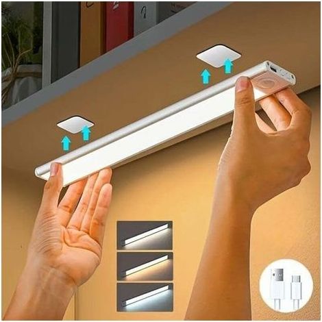 Bande lumineuse LED rechargeable avec capteur de mouvement, 40 cm, luminosité réglable et 3 couleurs de lumière, pour armoire, escaliers et couloirs (1/4)