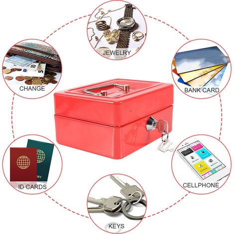 Mini estuche de seguridad metálico portátil con 6 compartimentos y 2 llaves – estuche para joyas, dinero en efectivo y objetos de valor – Dimensiones: 15 x 12 x 7,5 cm – Rojo (1/5)