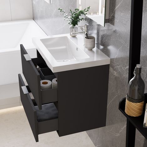 AICA Bathroom 600x385x520mm MDF Wall-mounted Vanity Unit,Anthracite Concave-convex texture Dual-drawers,Detachable Soft Close + Artifical Stone Arc Basin (1/5)