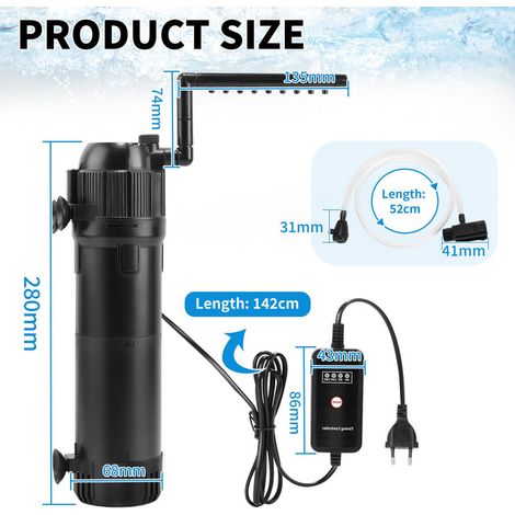 Filtre Interne pour Aquarium avec Lampe UV et Contrôleur de Temps, Pompe de Filtration Silencieuse pour Aquariums, 3 en 1 Oxygénation et Circulation