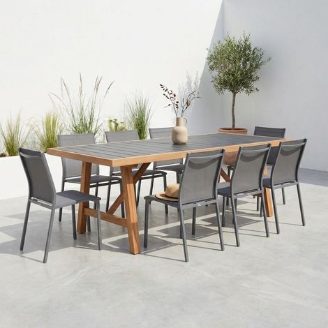 Table de jardin bois d'acacia et aluminium + 8 assises anthracite - Eldora + Buffalo