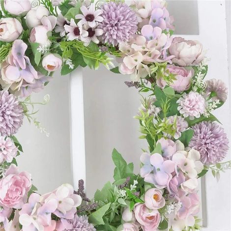 Couronne décorative de printemps, couronne de porte fleurie 40 cm, artisanale, fleurs artificielles, décoration murale et porte, pour Pâques, été, lilas clair (1/3)
