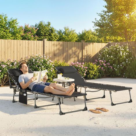 Set de 2 Tumbonas Plegables con Reposacabezas Bolsillo Lateral y Respaldo Reclinable en 5 Posiciones Negro (1/5)