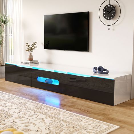 Meuble TV 180 cm Suspendu ou Sur Pied avec LED 16 Couleurs Contrôle par App Style Moderne Noir et Blanc (1/5)