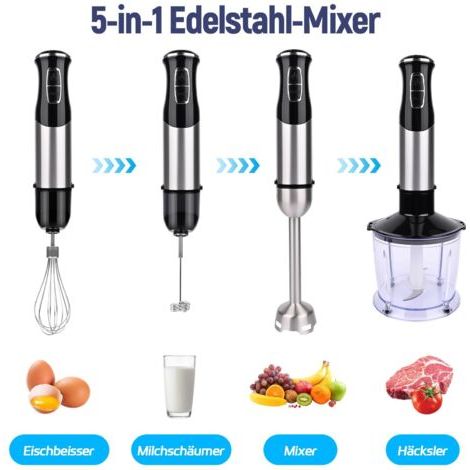 5 en 1 Mixeur Plongeant, 1000 W Mixeur Plongeur Multifonction, 21 Vitesse et mode turbo, verre doseur, bol hachoir, Fouet, Bâton à mousse de lait, Lames en acier inoxydable, sans BPA (1/5)