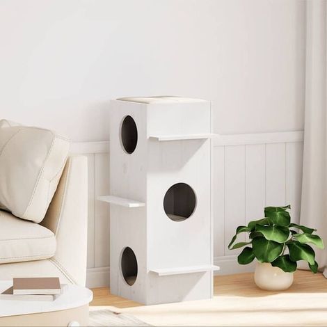 Maison pour chat blanche, mesurant 43x43x90 cm, en pin massif.