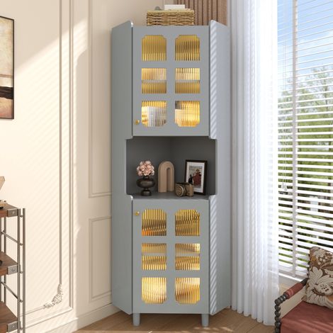 Vitrine d'angle 63,5x45x157,5 cm — Meuble d'angle multifonctionnel avec éclairage LED, 2 portes vitrées, étagères ouvertes, pour salon, bureau et salle de bain - Gris