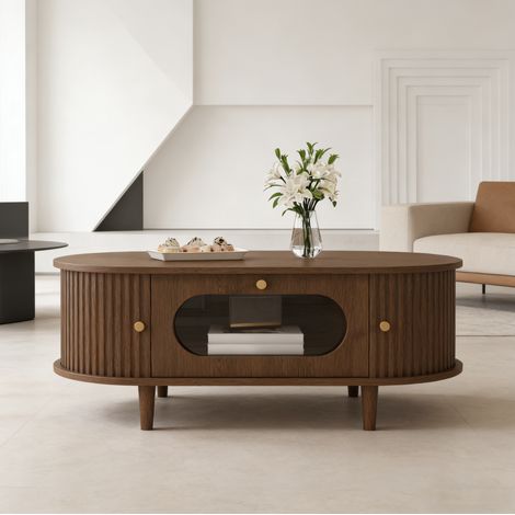Mesa baja 100 x 50 x 36 cm efecto nogal con 1 cajón vidriado y 2 puertas tambor, mueble de salón en MDF (1/5)