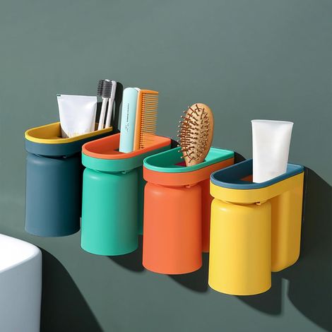 Juego de 4 portacepillos de dientes 2 en 1 con vasos – montaje adhesivo en pared, almacenamiento multifuncional para el baño (1/5)