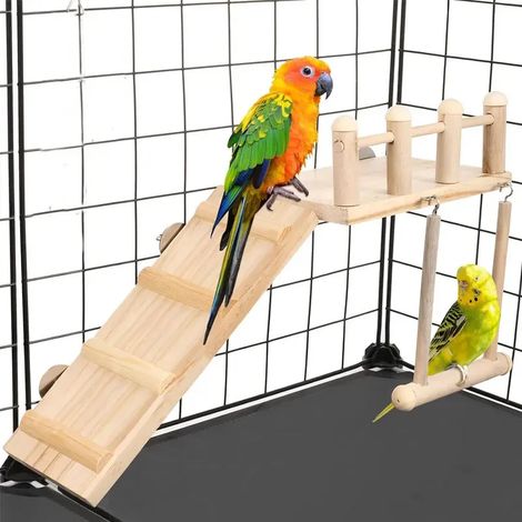 Perchoirs pour oiseaux - plateforme balançoire avec échelle - équipement de jeu en bois - accessoires robustes pour cages à perruches - convient aux petits oiseaux