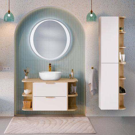 Mueble de lavabo Oria blanco mate 100cm con nichos redondeados y pedestal