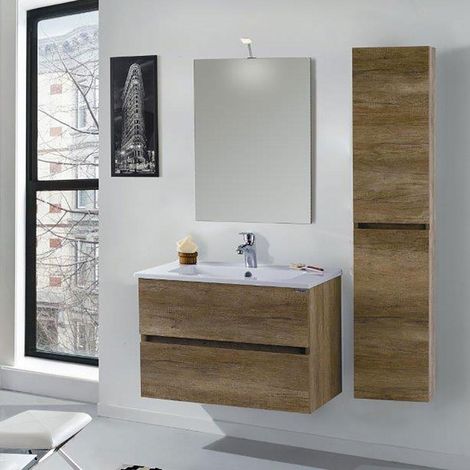 Mobile da Bagno Sospeso 90cm Colonna P18cm Mazzoni Maiorca Light Noce Chiaro Frassinato (1/4)