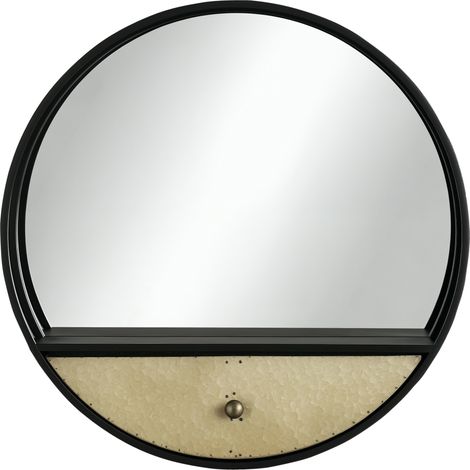 Specchio da Parete Rotondo Ø61cm, Specchio Decorativo con Cassetto e Cornice in Metallo e MDF, Nero