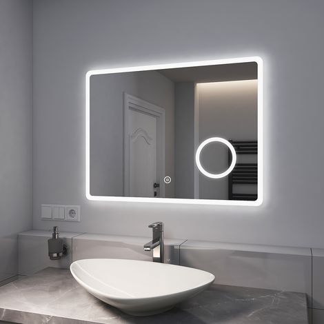 EMKE Specchio Bagno con Luce 80 x 60 cm, con Interruttore Tattile e Antiappannamento e 3 Volte Lente D'ingrandimento, Luce Dimmerabile e Variabile (1/5)