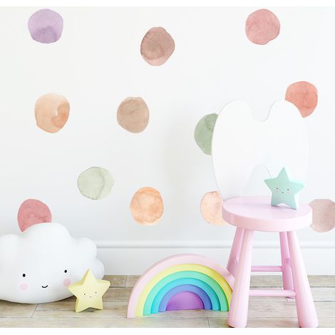 JSSEVN-Lot de 5 autocollants muraux pour chambre d'enfant - Motif à pois rose pastel - Autocollants muraux vinyle durables et réutilisables (1/5)