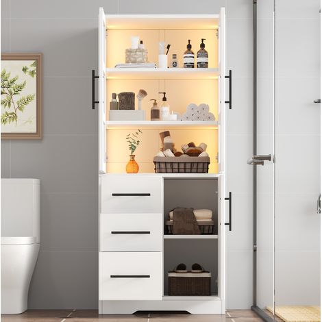 Mobile bagno in MDF e vetro bianco 72 cm con LED, 3 cassetti e 2 ante (1/5)