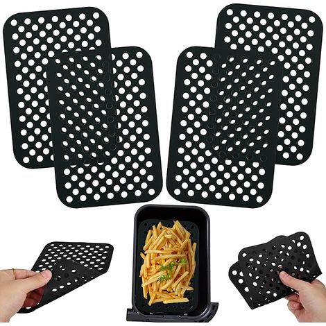 Lot de 4 tapis de friteuse rectangulaires en silicone de 20 cm, anti-adhésifs, perforés, réutilisables, résistants à la chaleur et passent au lave-vaisselle, idéal pour panier de friteuse à air (1/5)