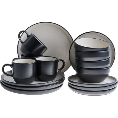 Vajilla de 16 piezas de gres elegante cocina y comedor para 4 personas acabado esmaltado negro Nutmeg