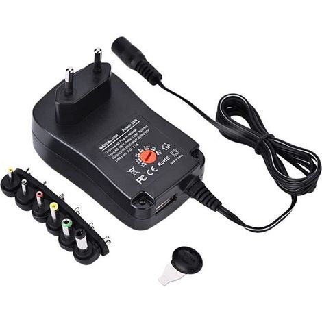 Adaptateur secteur universel AC/DC 5V 2.1A avec port USB et 6 embouts 30W 3V/4.5V/5V/6V/7.5V/9V/12V