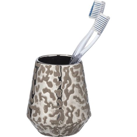WENKO Portaspazzolini Burgos in pregiata ceramica con luminoso gioco di disegni. Misure: Ø 9.1 x 10.5 cm. Colore: marrone-grigio/platino (1/5)