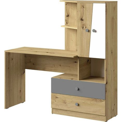 Bureau Almira 110, Chêne Artisan + Blanc + Gris, Avec des portes, Avec tiroirs, Le nombre de portes: 2, Nombre de tiroirs: 2, 82x150x50cm (1/4)