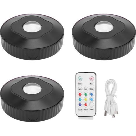 Set of 3 RGB colored light discs, battery operated, USB rechargeable, under-cabinet lighting with remote control for wine cabinets, shelves, cupboards (1/5)
