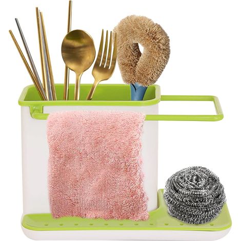 Porte Eponge Evier Cuisine, Rangement Évier Cuisine Support Brosse Éponge Organisateur, Égouttoir à Vaisselle avec Porte-serviettes (Vert)