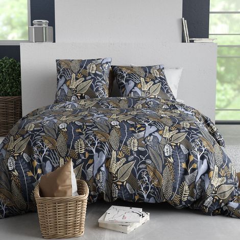 Parure housse de couette 260x240cm + 2 taies motif feuillage bleu et beige 100% coton - MAELIA (1/4)