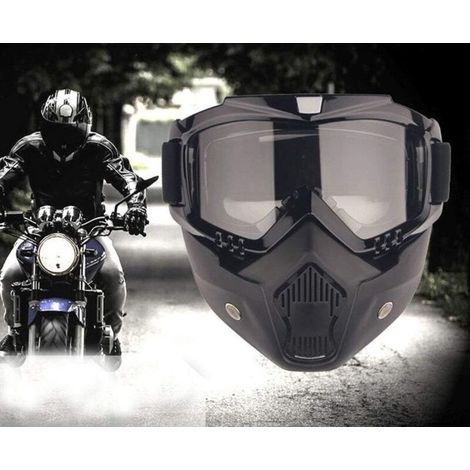Masque de Lunettes de Moto avec Masque Amovible, Masque de Motocross pour Motos avec Lunettes Amovibles et Filtre à Bouche pour Casques Vintage (Monture Noire, Verres Gris) (1/5)
