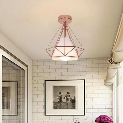 Plafonnier en Cage Diamant Industrielle Rose Lampe Plafonnier Vintage en Métal pour Salon Chambre (1/4)