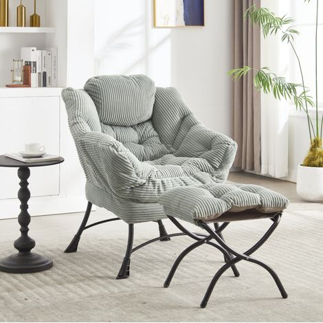 Poltrona lounge con pouf, schienale ergonomico, tasca laterale, struttura in acciaio, verde chiaro (1/5)