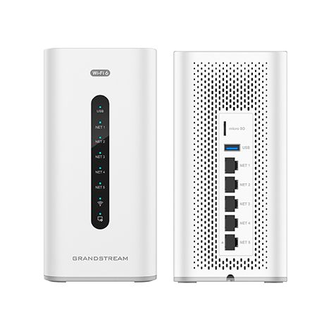 Grandstream gcc6010w soluzione all-in-one: router vpn, firewall, ip pbx e ap wifi6.configurazione porte. lan/wan(max.3 wan):5xgbe.2x2:2 mu-mimum 2,4ghz e 3x3:3 mu-mimum 5ghz.3 antenne interne.router v