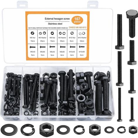 Ensemble de 167 Vis à Tête Hexagonale, Écrous et Rondelles en Acier Carbone M6/M8/M10, Vis à Métaux, Vis Filetées à Filetage Complet (167 noir) (1/5)