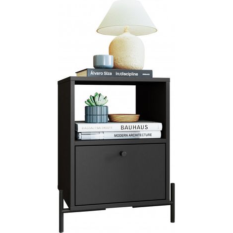 Chevet Noir 1 Tiroir 1 Niche Pieds Métal L 45 H 56 P 35 cm (1/5)